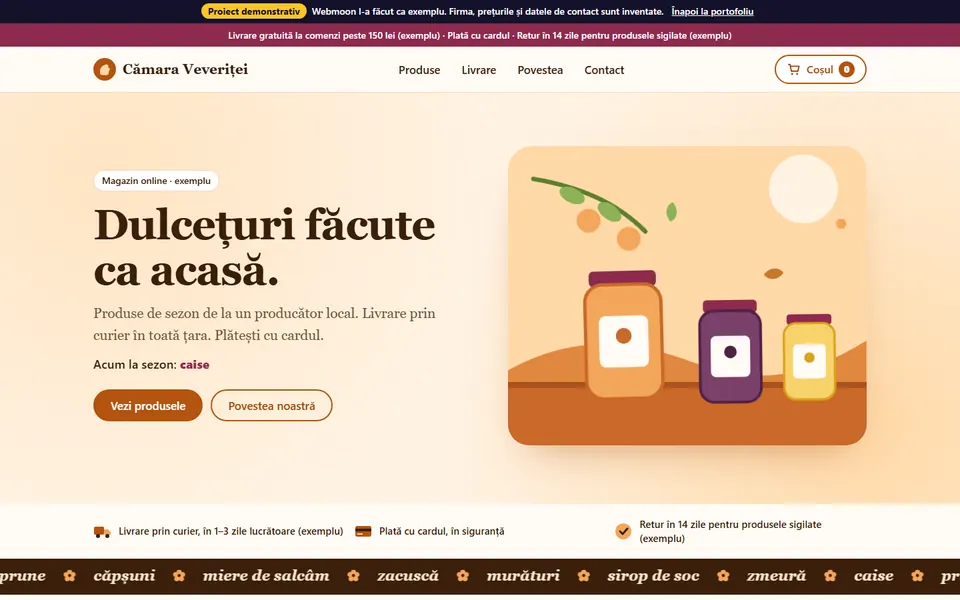 Primul ecran al magazinului demonstrativ Cămara Veveriței, pe laptop, cu trei borcane de dulceață desenate.