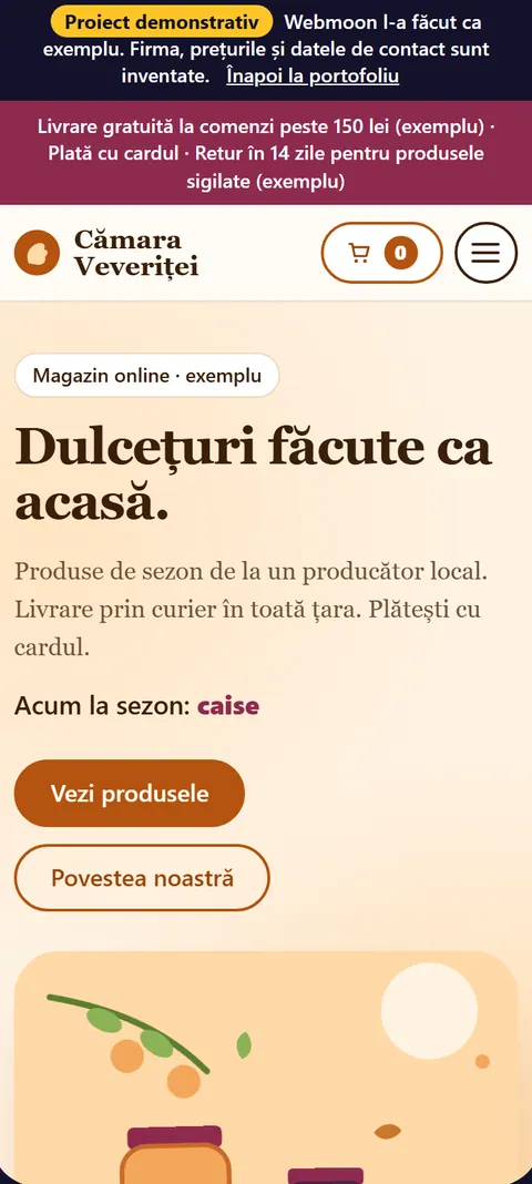 Primul ecran al magazinului demonstrativ Cămara Veveriței, pe telefon, cu butonul Vezi produsele.