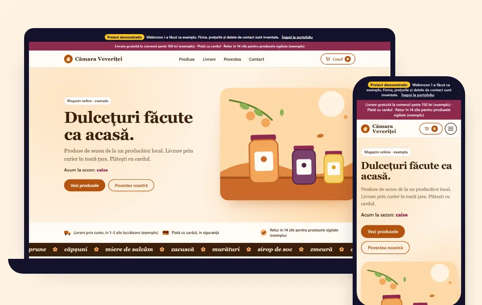Proiect demonstrativ: magazin online pentru un producător local, pe laptop și pe telefon.
