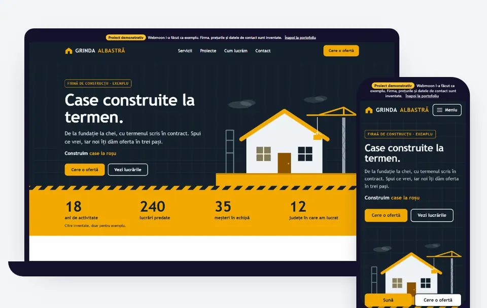 Proiect demonstrativ: relansare pentru o firmă de construcții, pe laptop și pe telefon.