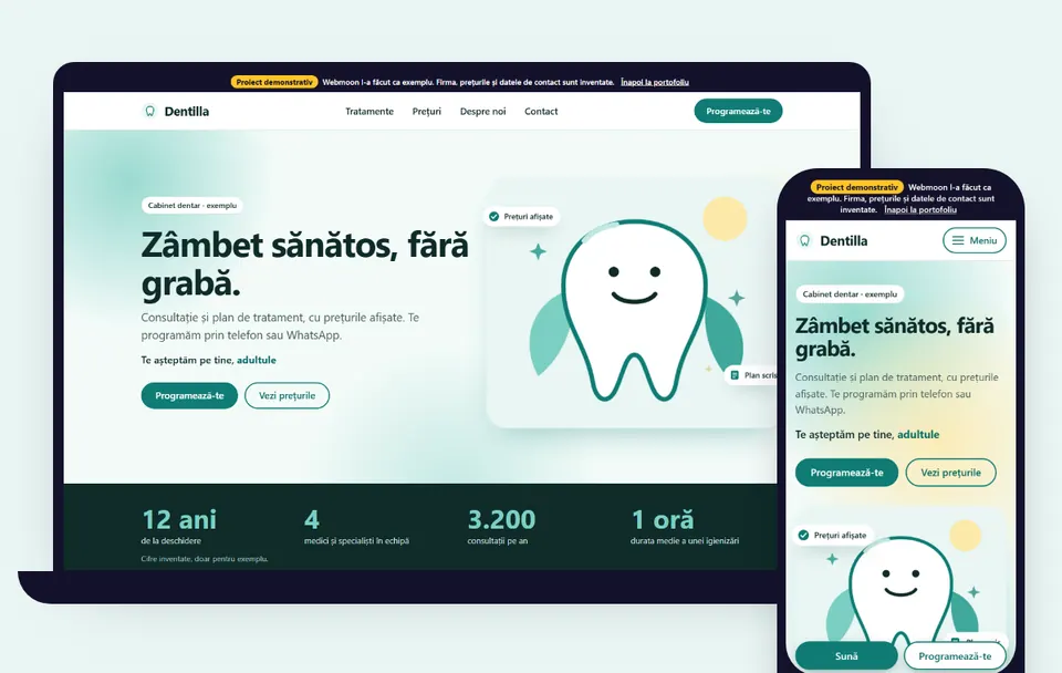 Proiect demonstrativ: site de prezentare pentru un cabinet, pe laptop și pe telefon.
